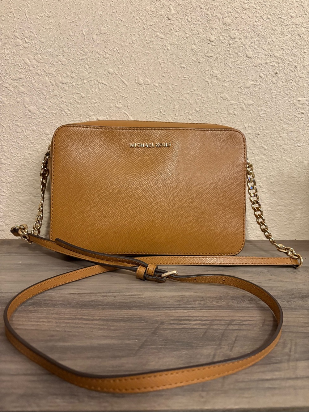 Michael Kors Cognac Leather Crossbody with Gold Chain